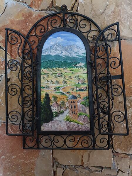 Peinture sur bois<br>Grille en fer forgé<br>80€